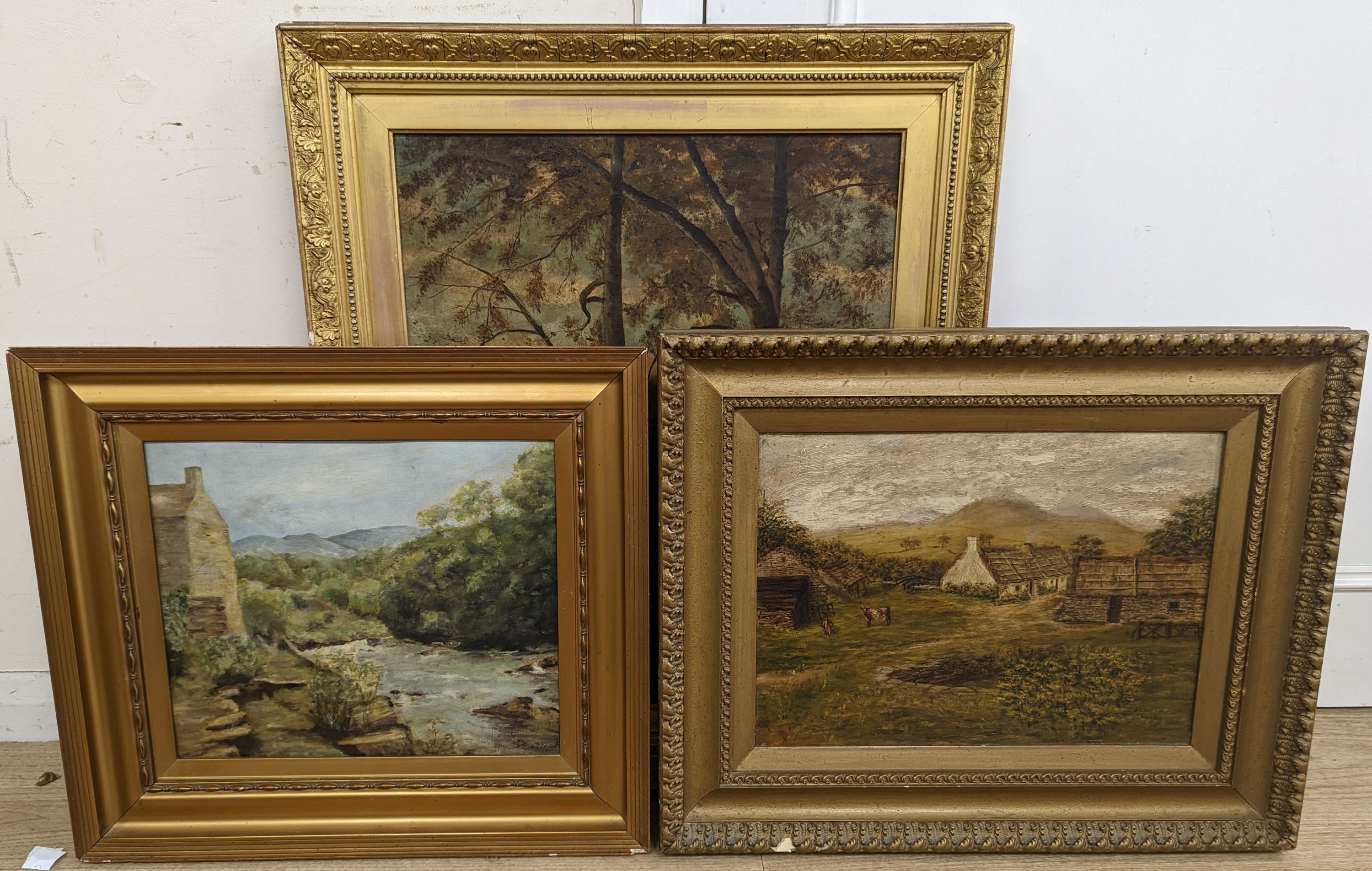 J. Lasson, oil on canvas, Crofters cottages 1903, 30 x 40cm and two other oils